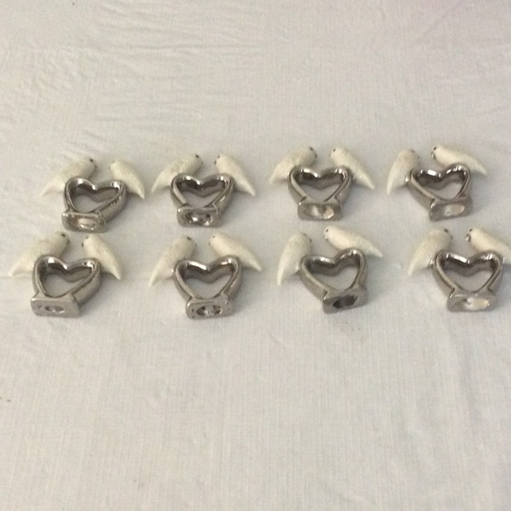 8 Hand made Ceramic Silver Heart Napkin Rings with White Birds NWOT